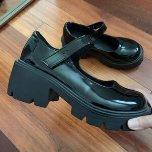 Shiny Black Lolita Square Pumps with Velcro Strap and Removable Bucklet